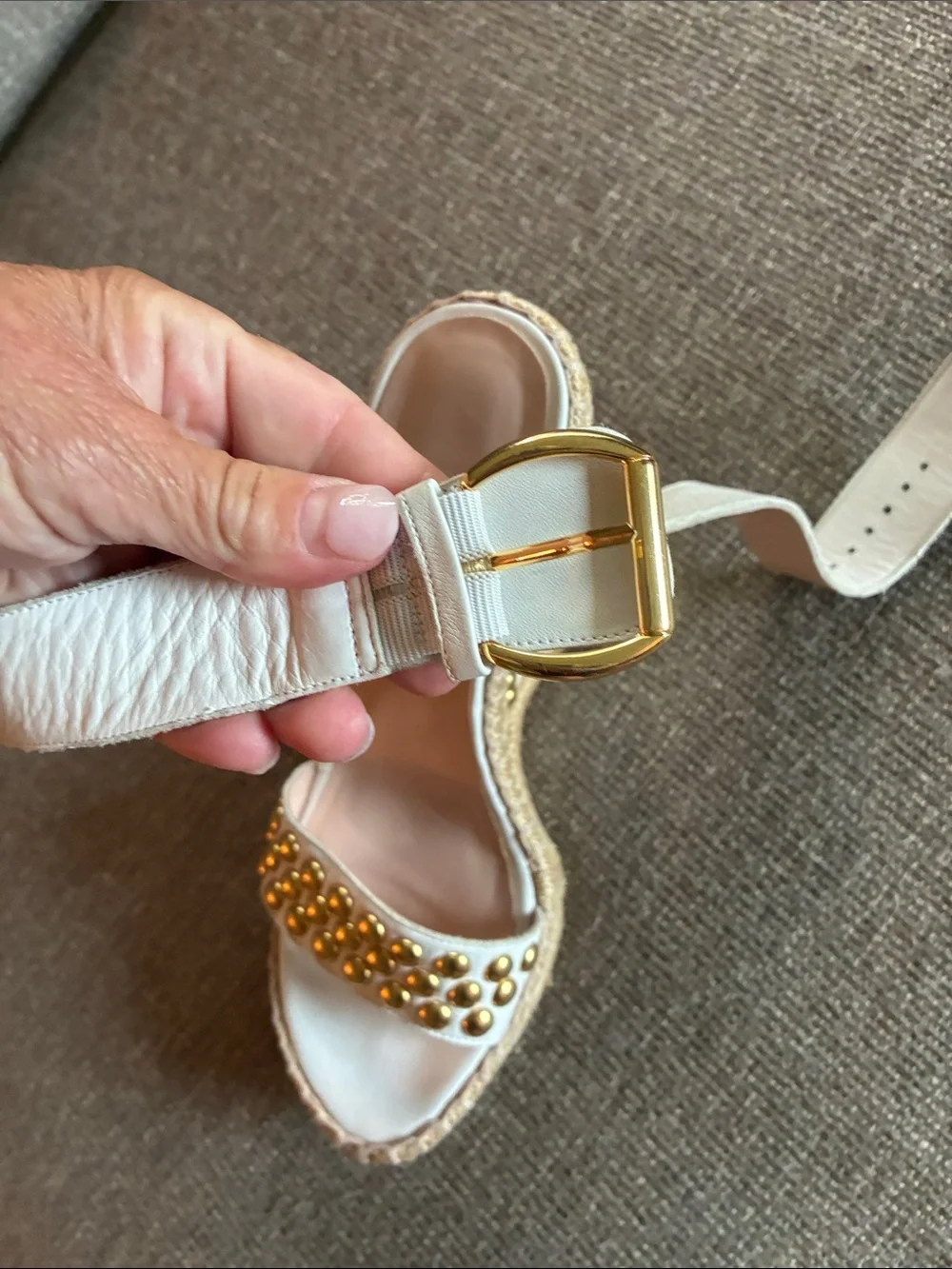 Stuart Weitzman White Espadrille Wedges with Gold Studs